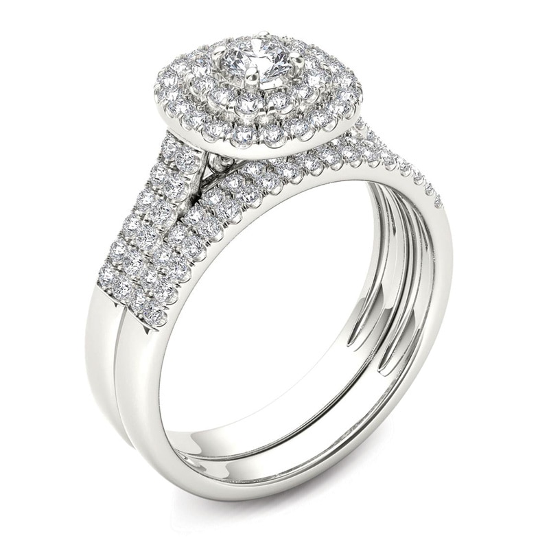 Main Image 2 of Previously Owned - 1 CT. T.W. Diamond Double Frame Multi-Row Bridal Set in 14K White Gold