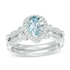 Thumbnail Image 1 of Previously Owned - Pear-Shaped Aquamarine and 1/6 CT. T.W. Diamond Frame Vintage-Style Bridal Set in 14K White Gold