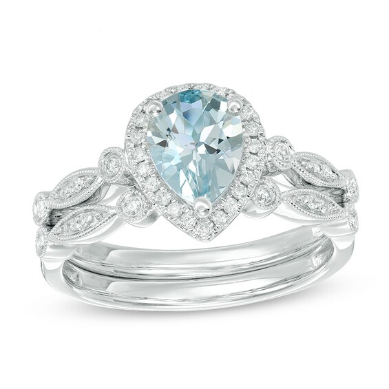 Previously Owned - Pear-Shaped Aquamarine and 1/6 CT. T.w. Diamond Frame Vintage-Style Bridal Set in 14K White Gold