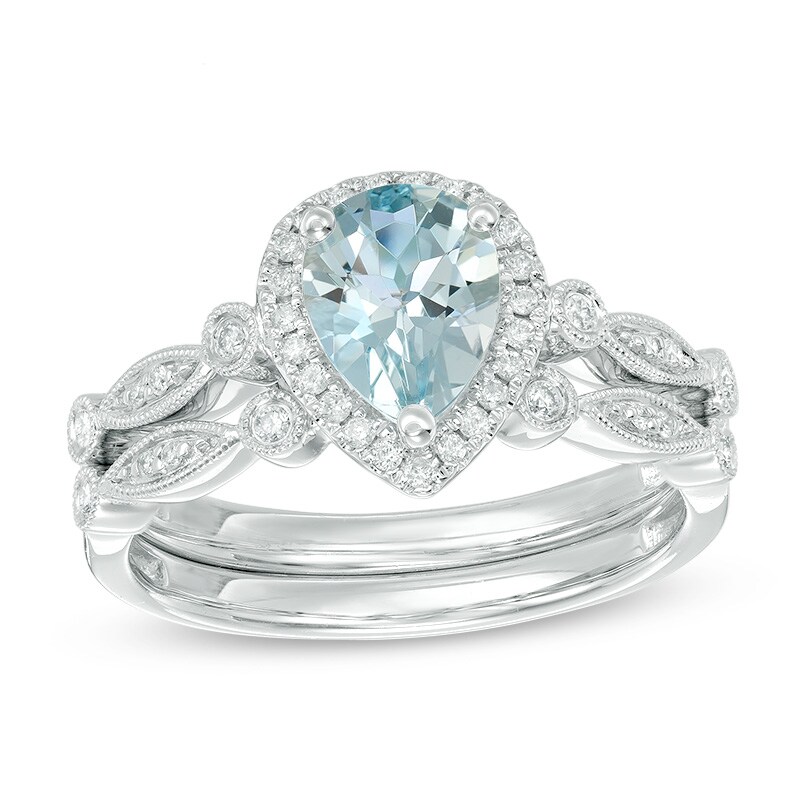 Main Image 1 of Previously Owned - Pear-Shaped Aquamarine and 1/6 CT. T.W. Diamond Frame Vintage-Style Bridal Set in 14K White Gold