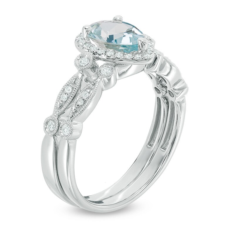 Main Image 2 of Previously Owned - Pear-Shaped Aquamarine and 1/6 CT. T.W. Diamond Frame Vintage-Style Bridal Set in 14K White Gold