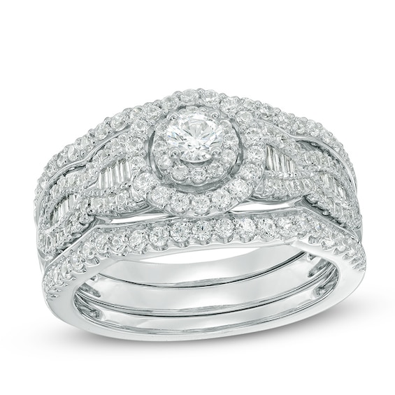 Previously Owned - 1 CT. T.w. Diamond Frame Three Piece Bridal Set in 14K White Gold