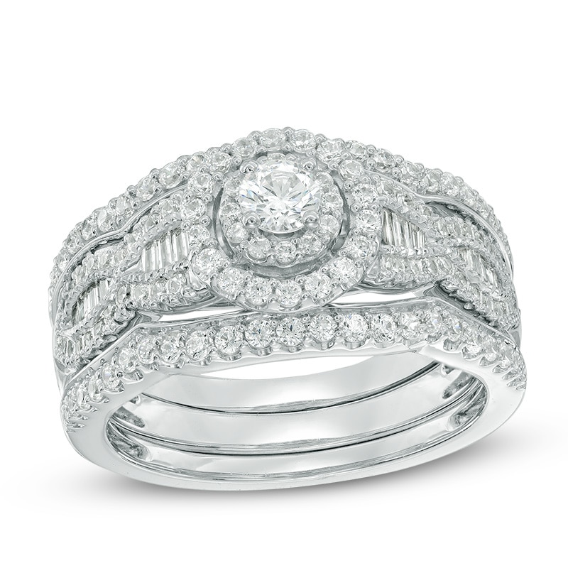 Main Image 1 of Previously Owned - 1 CT. T.W. Diamond Frame Three Piece Bridal Set in 14K White Gold