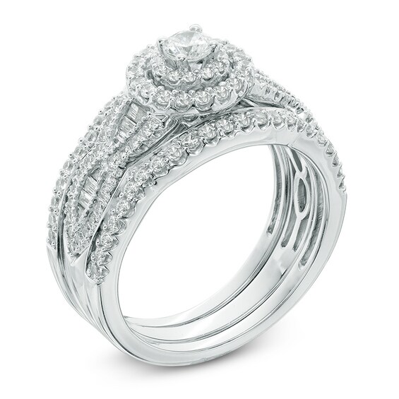 Previously Owned - 1 CT. T.w. Diamond Frame Three Piece Bridal Set in 14K White Gold