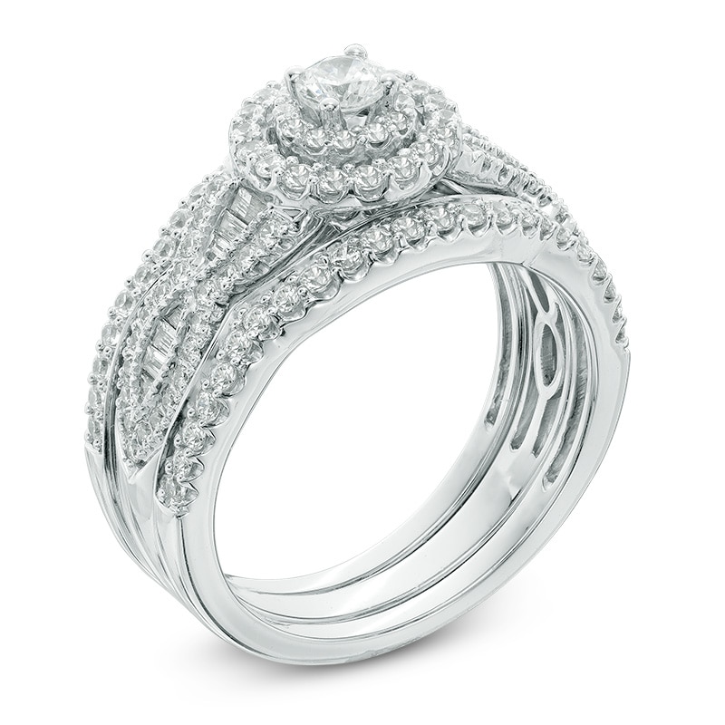 Main Image 2 of Previously Owned - 1 CT. T.W. Diamond Frame Three Piece Bridal Set in 14K White Gold