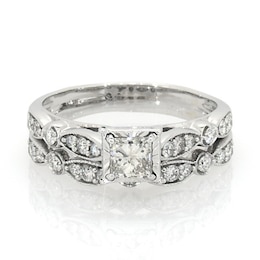 Previously Owned 1 CT. T.W. Princess-Cut Diamond Vintage-Style Soldered Bridal Set in 14K White Gold