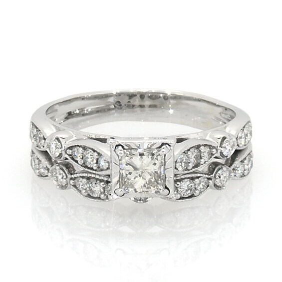 Previously Owned 1 CT. T.w. Princess-Cut Diamond Vintage-Style Soldered Bridal Set in 14K White Gold