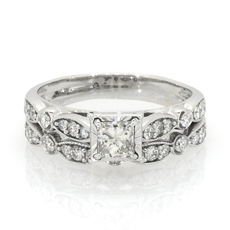 Main Image 1 of Previously Owned 1 CT. T.W. Princess-Cut Diamond Vintage-Style Soldered Bridal Set in 14K White Gold