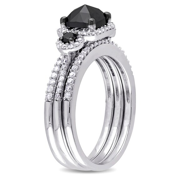 Previously Owned - 1-3/4 CT. T.w. Cushion-Cut Enhanced Black and White Diamond Three Stone Bridal Set in Sterling Silver