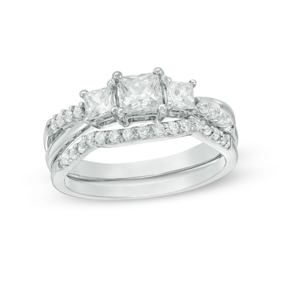 Previously Owned - 3/4 CT. T.w. Princess-Cut Diamond Three Stone Bridal Set in 10K White Gold