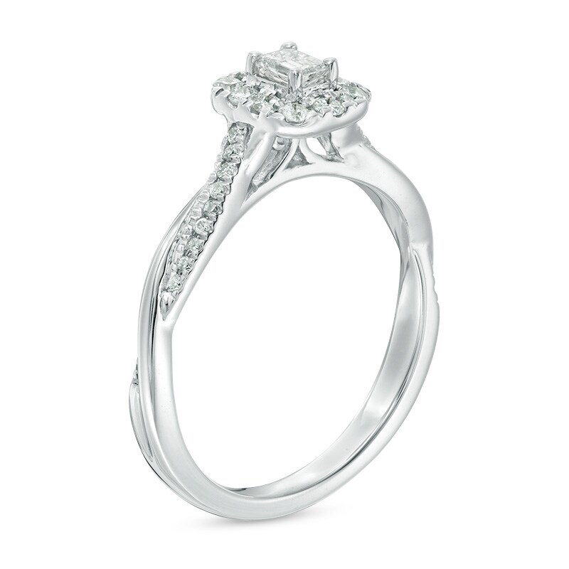Main Image 2 of Previously Owned - 3/8 CT. T.W. Emerald-Cut Diamond Frame Twist Engagement Ring in 10K White Gold