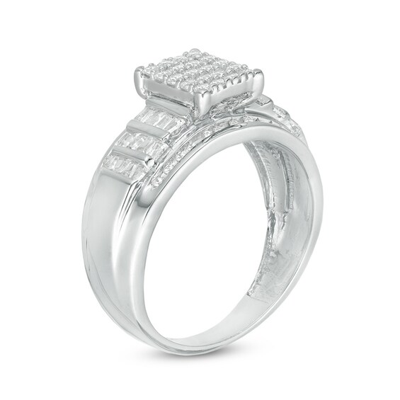 Previously Owned - 1/2 CT. T.w. Baguette and Round Composite Diamond Rectangle Engagement Ring in 10K White Gold