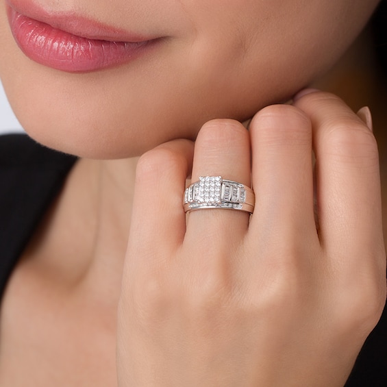 Previously Owned - 1/2 CT. T.w. Baguette and Round Composite Diamond Rectangle Engagement Ring in 10K White Gold