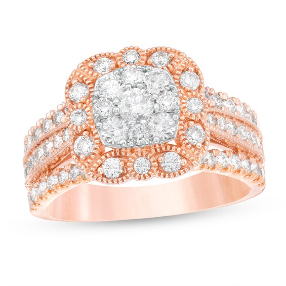 Previously Owned - 1-1/4 CT. T.w. Diamond Scallop Cushion Frame Multi-Row Vintage-Style Engagement Ring in 14K Rose Gold