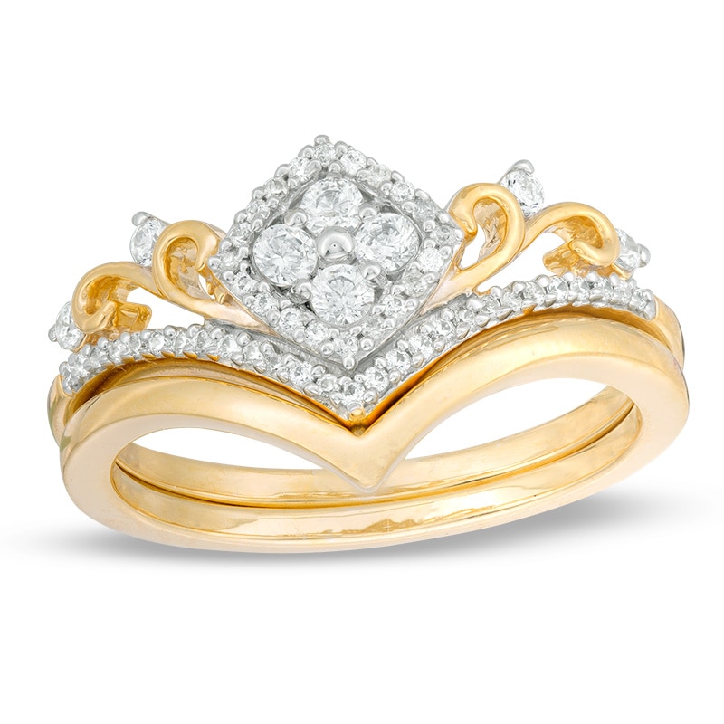 Main Image 1 of Previously Owned - 1/3 CT. T.W. Quad Diamond Tilted Frame Filigree Tiara Bridal Set in 10K Gold