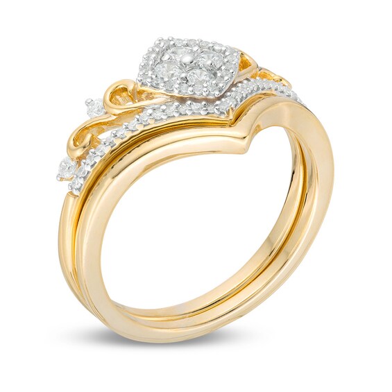 Previously Owned - 1/3 CT. T.w. Quad Diamond Tilted Frame Filigree Tiara Bridal Set in 10K Gold