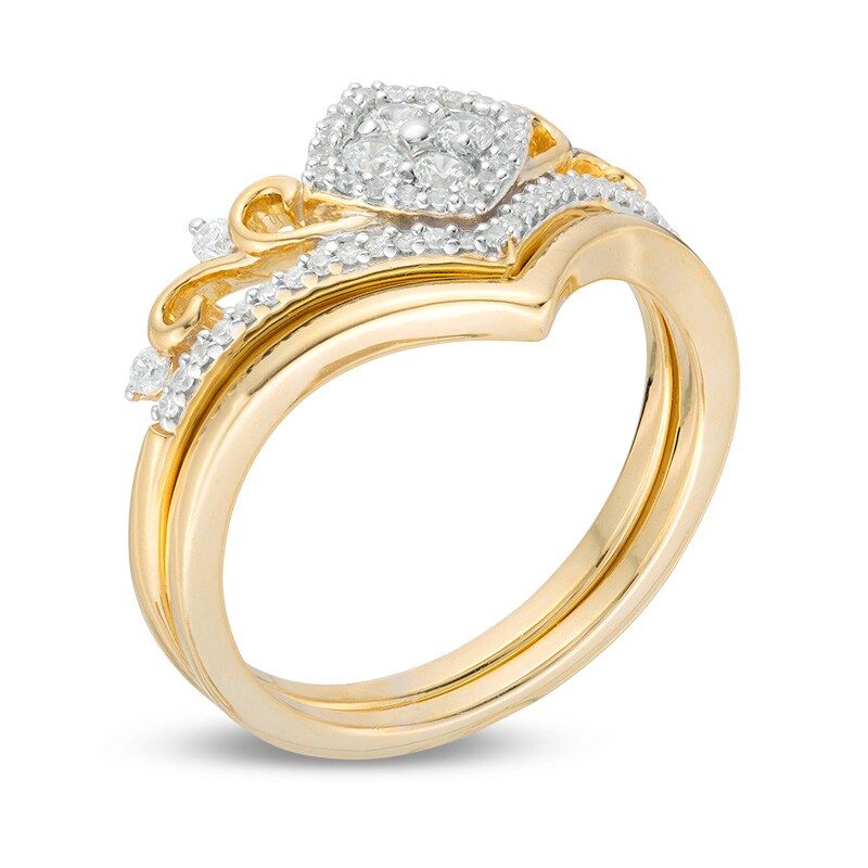 Main Image 3 of Previously Owned - 1/3 CT. T.W. Quad Diamond Tilted Frame Filigree Tiara Bridal Set in 10K Gold