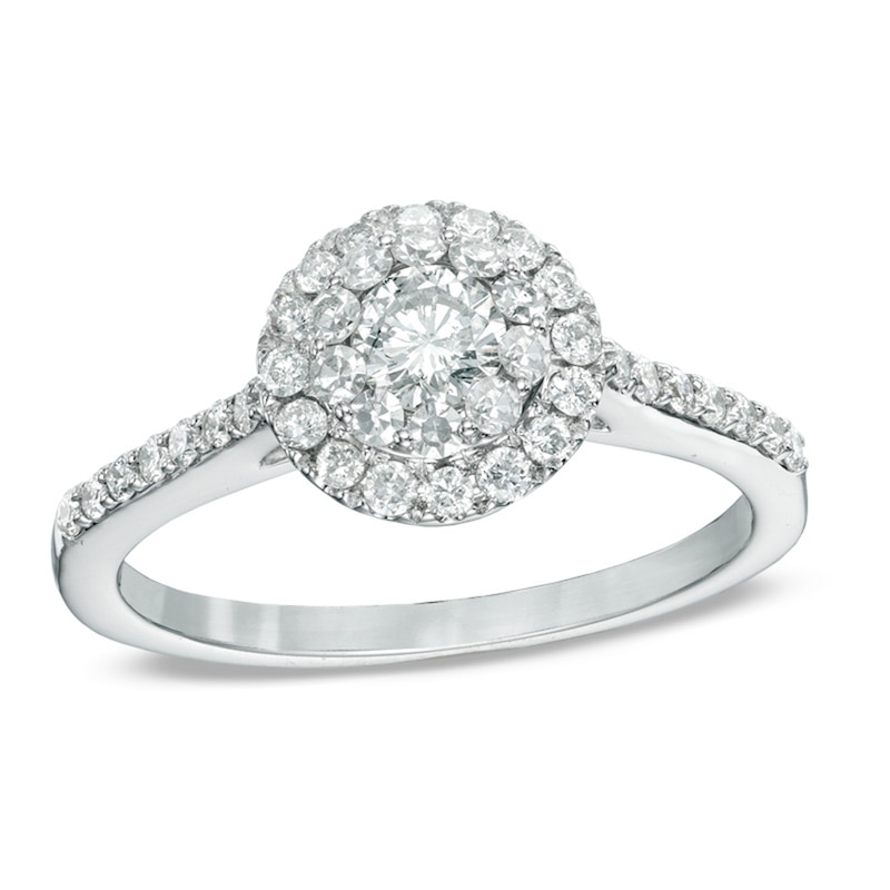 Main Image 1 of Previously Owned - 3/4 CT. T.W. Multi-Diamond Double Frame Engagement Ring in 14K White Gold