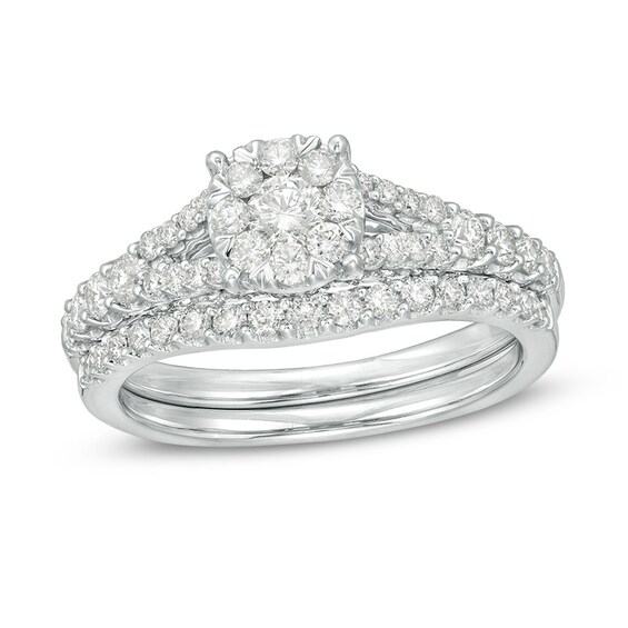 Previously Owned - 1 CT. T.w. Diamond Frame Vintage-Style Bridal Set in 14K White Gold
