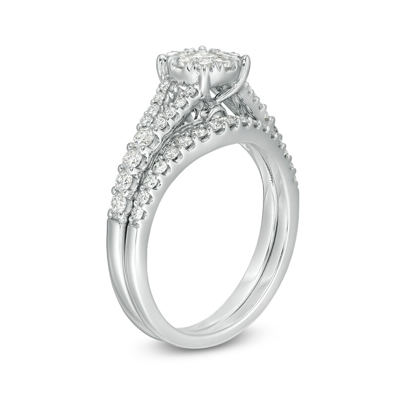 Main Image 3 of Previously Owned - 1 CT. T.W. Diamond Frame Vintage-Style Bridal Set in 14K White Gold