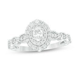 Previously Owned - 3/8 CT. T.W. Oval Diamond Double Frame Art Deco Vintage-Style Engagement Ring in 10K White Gold