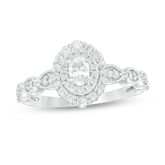 Previously Owned - 3/8 CT. T.w. Oval Diamond Double Frame Art Deco Vintage-Style Engagement Ring in 10K White Gold