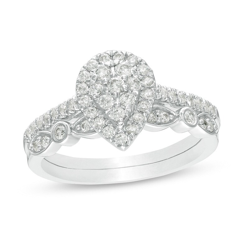 Main Image 1 of Previously Owned - 1/2 CT. T.W. Composite Pear-Shaped Diamond Art Deco Bridal Set in 10K White Gold