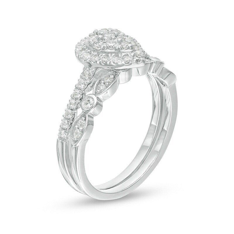 Main Image 3 of Previously Owned - 1/2 CT. T.W. Composite Pear-Shaped Diamond Art Deco Bridal Set in 10K White Gold