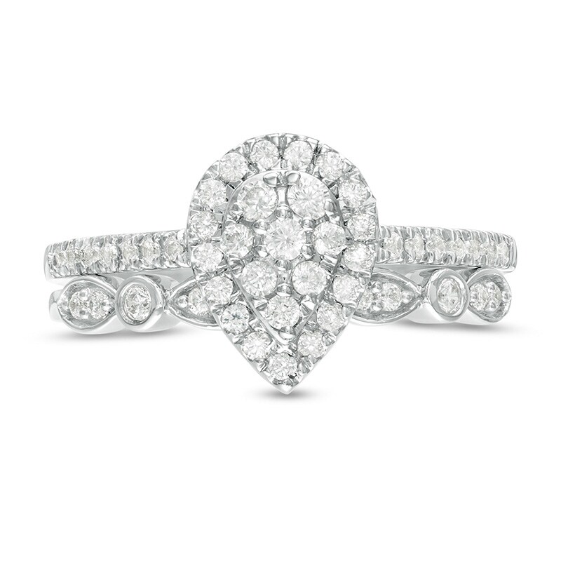 Main Image 4 of Previously Owned - 1/2 CT. T.W. Composite Pear-Shaped Diamond Art Deco Bridal Set in 10K White Gold