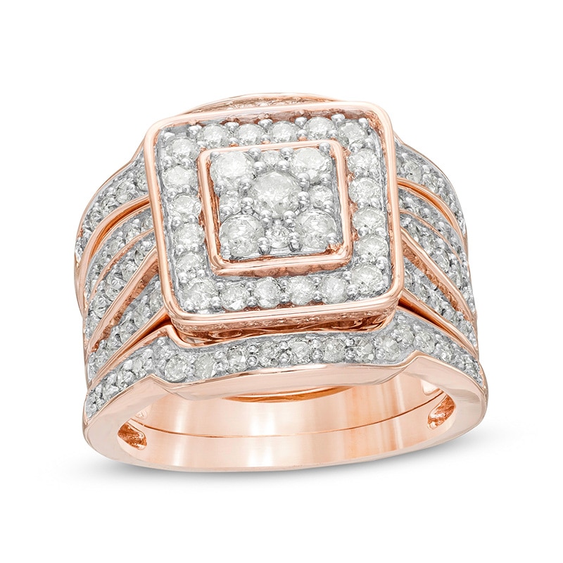 Main Image 1 of Previously Owned - 1-1/2 CT. T.W. Composite Diamond Cushion Frame Multi-Row Three Piece Bridal Set in 10K Rose Gold