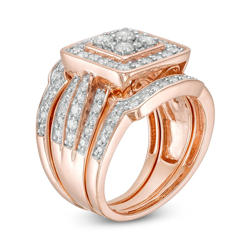 Main Image 3 of Previously Owned - 1-1/2 CT. T.W. Composite Diamond Cushion Frame Multi-Row Three Piece Bridal Set in 10K Rose Gold