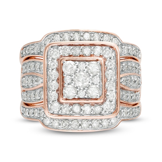 Previously Owned - 1-1/2 CT. T.w. Composite Diamond Cushion Frame Multi-Row Three Piece Bridal Set in 10K Rose Gold