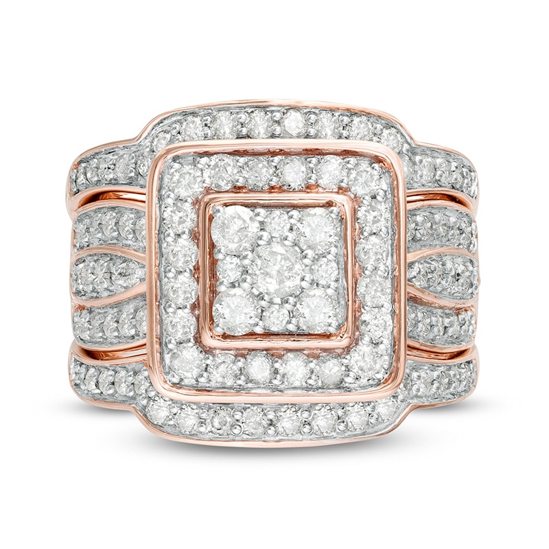 Main Image 4 of Previously Owned - 1-1/2 CT. T.W. Composite Diamond Cushion Frame Multi-Row Three Piece Bridal Set in 10K Rose Gold