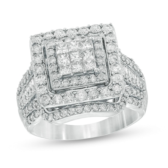 Previously Owned - 2 CT. T.w. Princess-Cut Composite Diamond Double Frame Engagement Ring in 10K White Gold