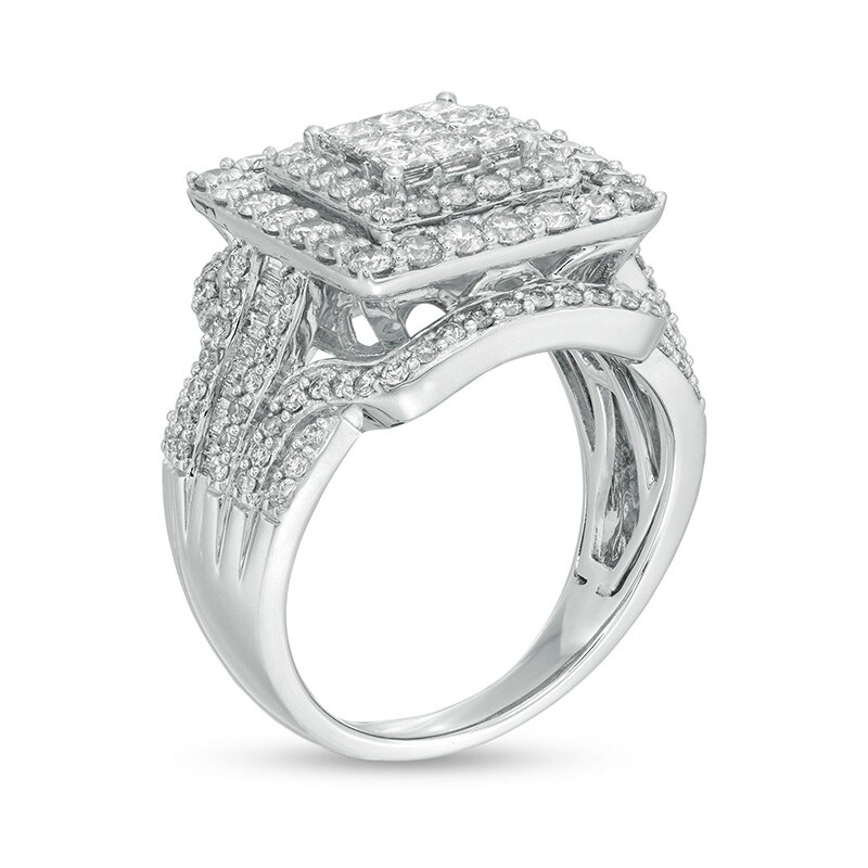 Main Image 3 of Previously Owned - 2 CT. T.W. Princess-Cut Composite Diamond Double Frame Engagement Ring in 10K White Gold