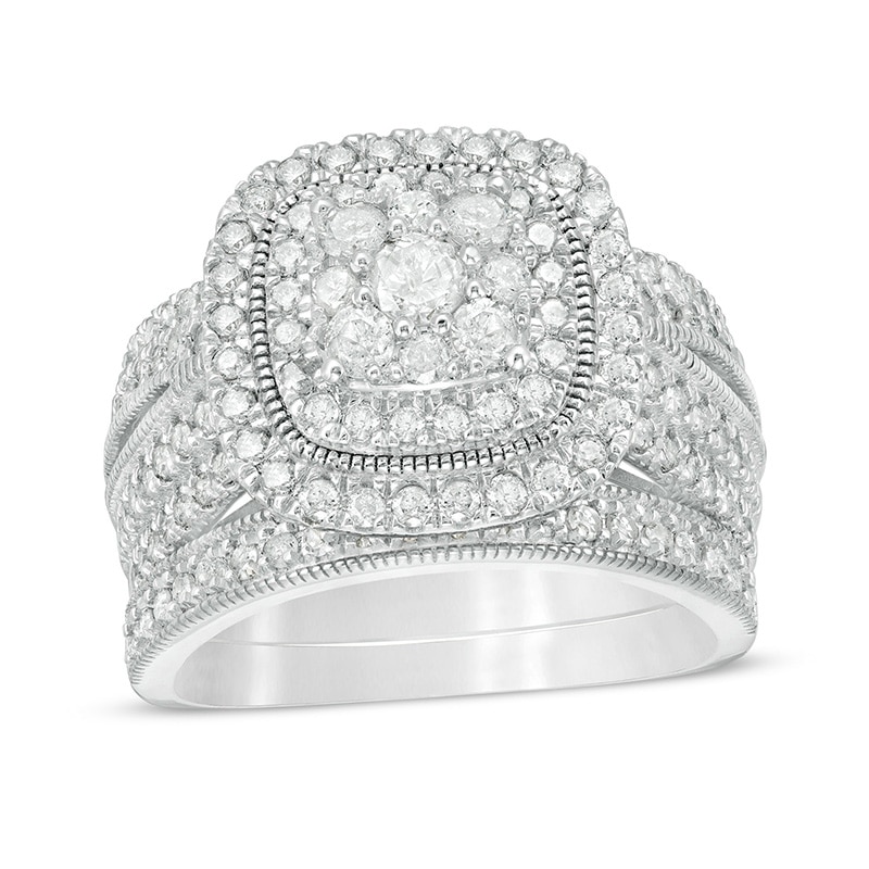 Main Image 1 of Previously Owned - 1-1/3 CT. T.W. Composite Diamond Cushion Frame Vintage-Style Bridal Set in 10K White Gold