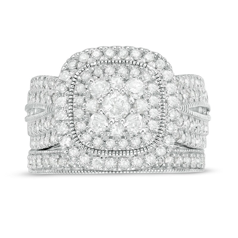 Main Image 4 of Previously Owned - 1-1/3 CT. T.W. Composite Diamond Cushion Frame Vintage-Style Bridal Set in 10K White Gold
