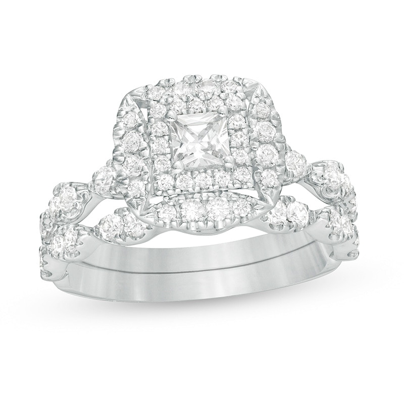 Main Image 1 of Previously Owned - 1 CT. T.W. Princess-Cut Diamond Frame Bridal Set in 14K White Gold