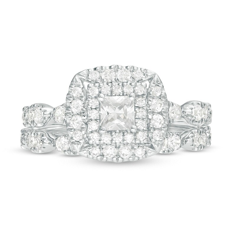 Main Image 4 of Previously Owned - 1 CT. T.W. Princess-Cut Diamond Frame Bridal Set in 14K White Gold