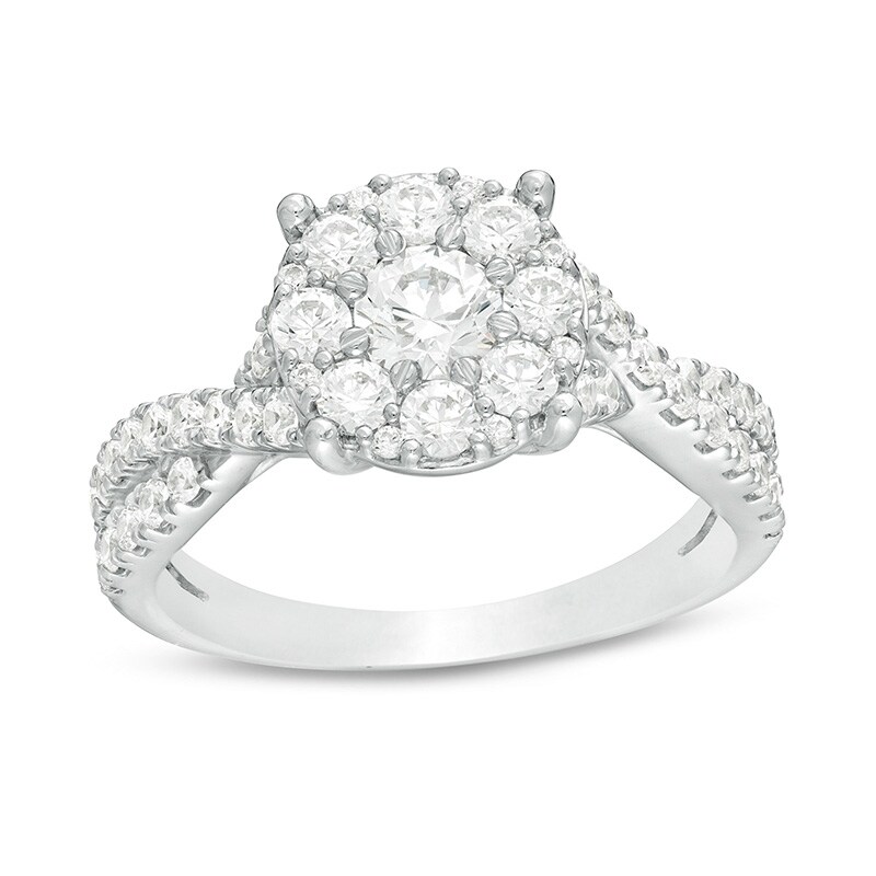 Main Image 1 of Previously Owned - 1-1/3 CT. T.W. Diamond Frame Twist Shank Engagement Ring in 14K White Gold