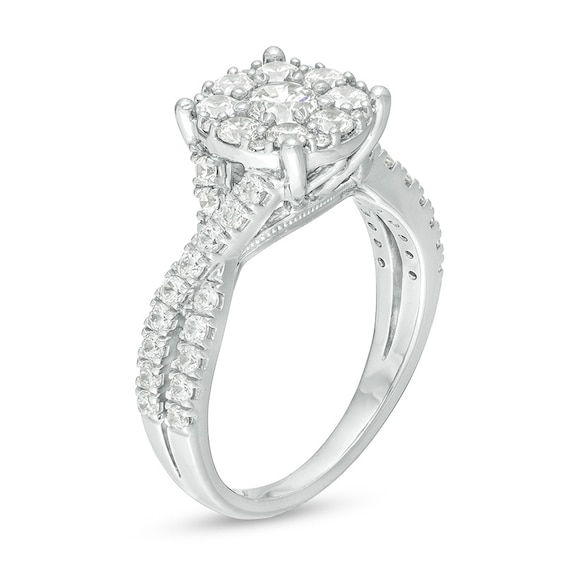Previously Owned - 1-1/3 CT. T.w. Diamond Frame Twist Shank Engagement Ring in 14K White Gold