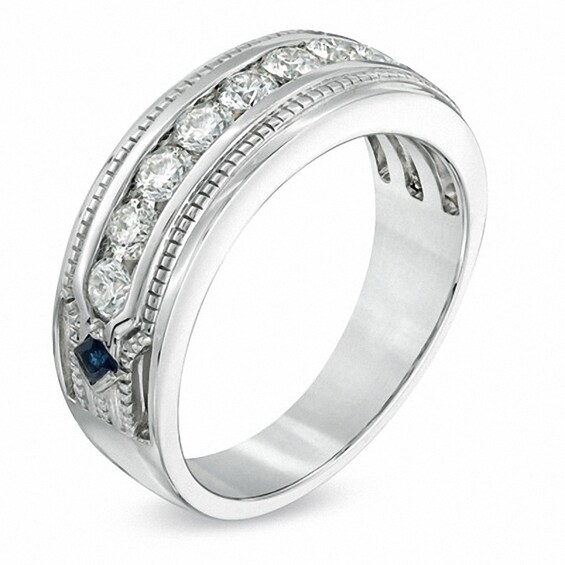 Previously Owned - Vera Wang Love Collection Men's 1 CT. T.w. Diamond and Sapphire Wedding Band in 14K White Gold