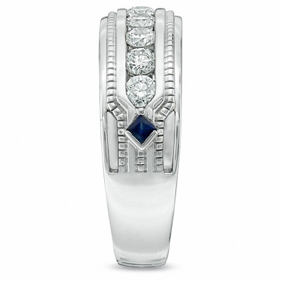 Previously Owned - Vera Wang Love Collection Men's 1 CT. T.w. Diamond and Sapphire Wedding Band in 14K White Gold