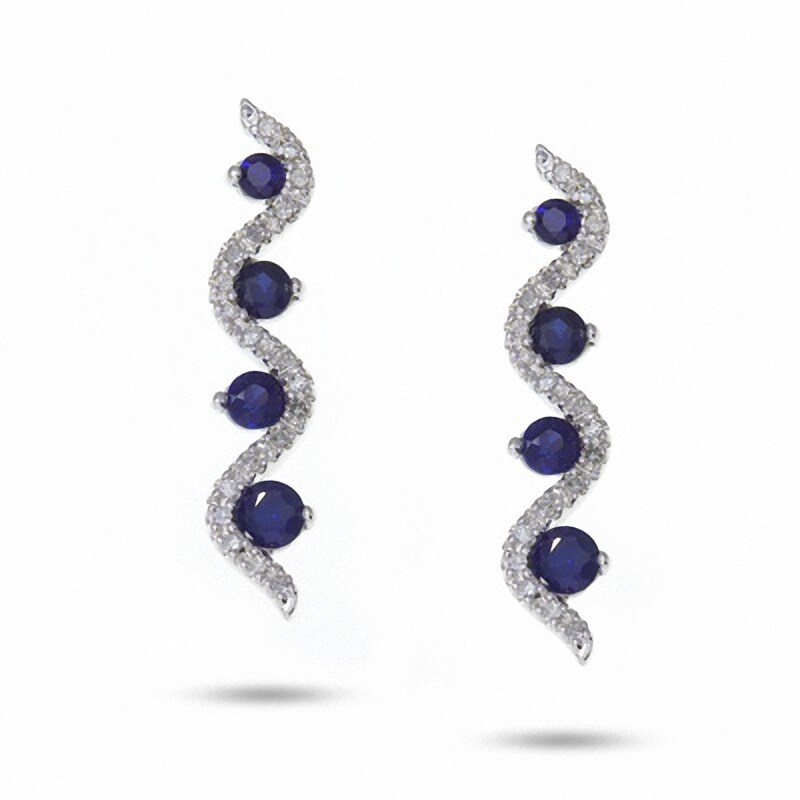 Main Image 1 of Previously Owned - Journey Lab-Created Blue Sapphire Vertical Wave Earrings in 10K White Gold with Diamond Accents