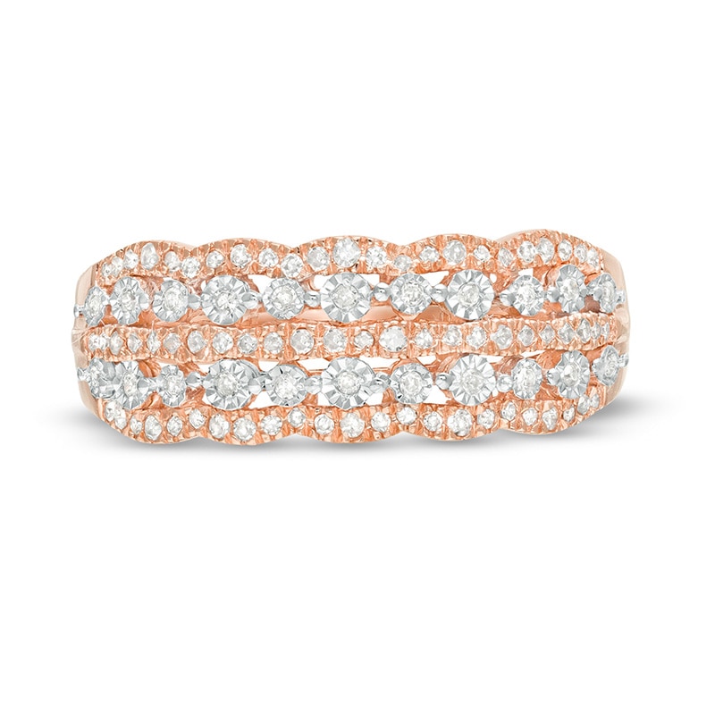 Main Image 4 of Previously Owned - 1/4 CT. T.W Diamond Scallop-Edged Multi-Row Anniversary Ring in 10K Rose Gold