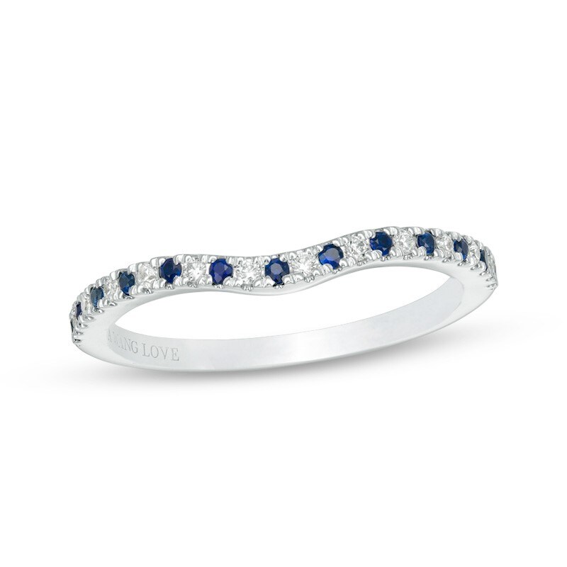 Main Image 1 of Previously Owned - Vera Wang Love Collection Blue Sapphire and 1/15 CT. T.W. Diamond Contour Band in 14K White Gold