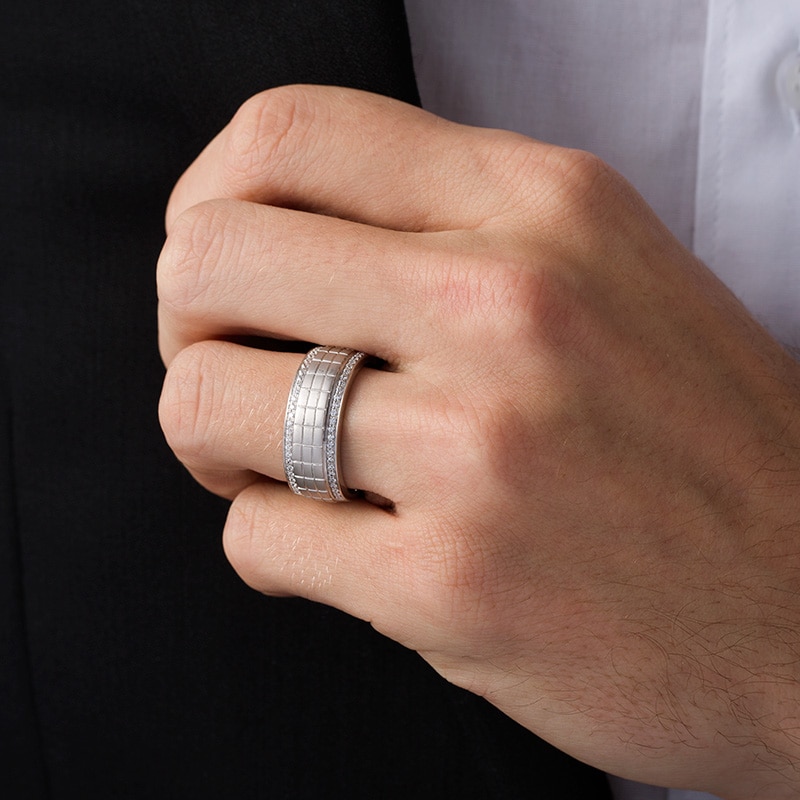Main Image 2 of Previously Owned - 1/4 CT. T.W. Diamond Grid Pattern Wedding Band in 10K White Gold