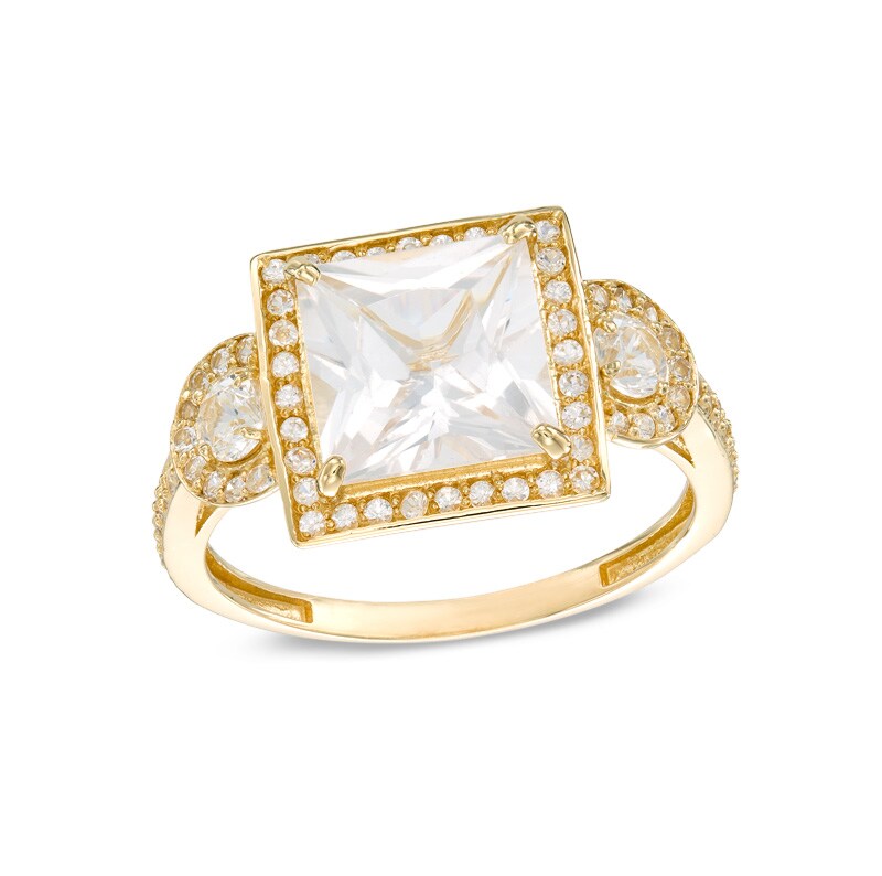 Main Image 1 of Previously Owned - 8.0mm Princess-Cut Lab-Created White Sapphire Frame Engagement Ring in 10K Gold