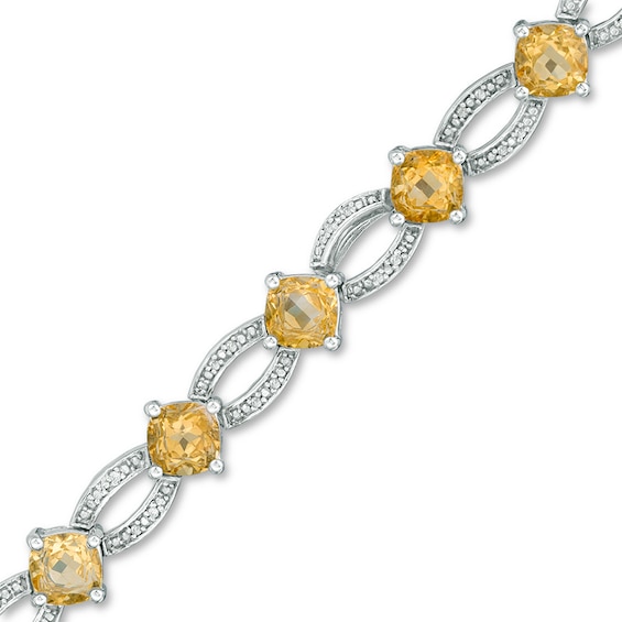 Previously Owned - 5.0mm Cushion-Cut Citrine and 1/6 CT. T.w. Diamond Link Bracelet in Sterling Silver - 7.5"