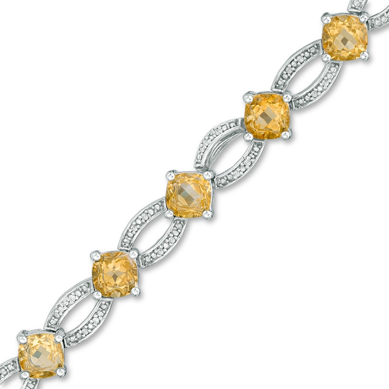 Main Image 1 of Previously Owned - 5.0mm Cushion-Cut Citrine and 1/6 CT. T.W. Diamond Link Bracelet in Sterling Silver - 7.5"